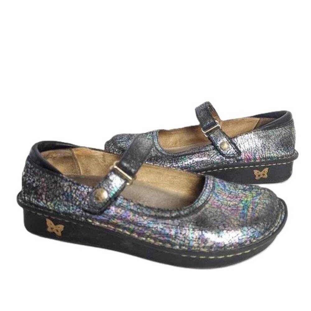 Alegria Shoes Mary Jane‎ Metallic Silver Comfort Platform EU 37 Retro Boho